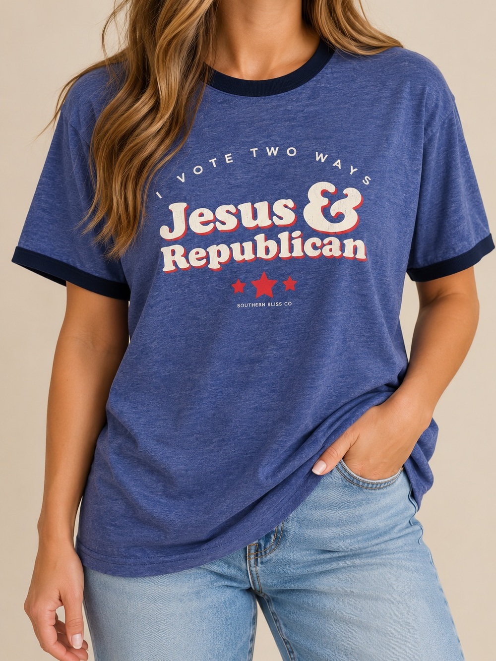 Southern Bliss Co. Women’s Blue 'Jesus & Republican' Short Sleeve Ringer Tee